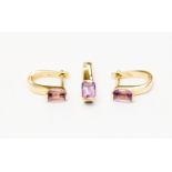 An amethyst and 14k gold suit of jewellery including a pendant, bar set with emerald cut amethyst,