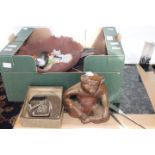 Box of miscellaneous tribal treen carved animal figures, terracotta reb bowls, shaped dish,