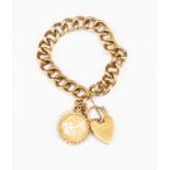 A 9ct gold heavy curb link bracelet with padlock clasp, with a 1910 half Sovereign,