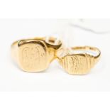 Two 9ct gold signet ring, both with square tops each one initialed, sizes N1/2 and S1/2,