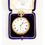 A 9ct gold pocket watch, white enamel dial, Roman numerals and subsidiary dial,
