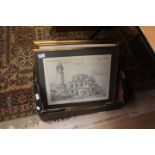 A box of assorted frames and glazed watercolours, etchings,