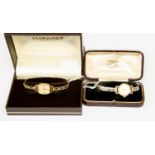 Longines vintage ladies gold plated watch, rectangular dial on rolled gold bracelet,