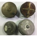 Angling interest: a collection of four fishing reels, one brass 4 inch reel marked "GL 3",