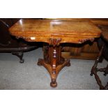 An early Victorian oak and burr walnut cross-banded pedestal fold-over card table, carved column,
