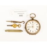 A silver ladies pocket watch, floral decoration to the dial,