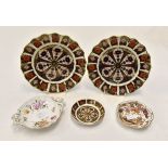Two Royal Crown Derby fan rimmed plates 1128 pin dish 1128,