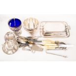 Assorted box of plated ware to include entre dish, small ice bucket and tongs,