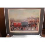 Helen Bradley (British, 1900-1979), street scene with steam engine and horse & cart,