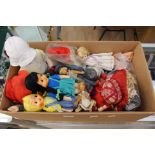 Two large felt dogs, 17 other dolls and bag of dolls faces and hair,