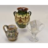 Romanian folk art vase plus Italian majolica jug and a limited edition Webb banquet vase of the