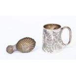 A Victorian tapering mug profusely engraved with flowers, fern and foliage and two monograms,