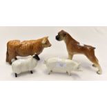 A Beswick Highland cow , a Landrace Sow and a horned sheep,