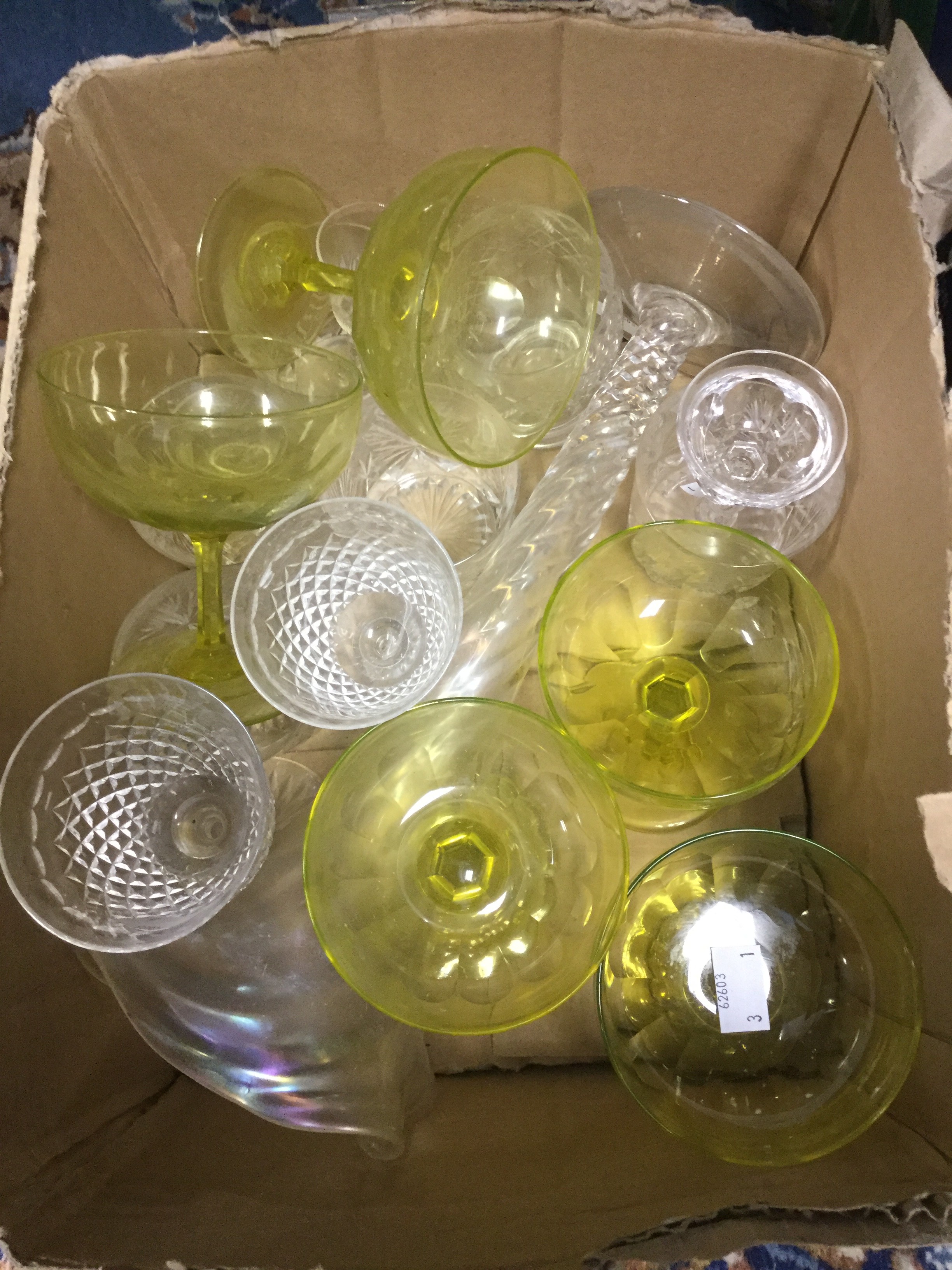 Faceted liqure glass, having faceted stem, two Stuart wine glasses,