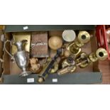 Box of assorted collectables inc 2 brass lamps, 2 brass candle sticks,