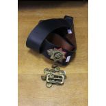 Assorted militaria lot to include black leather belt, pair of brass buckles,