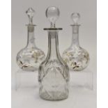 A pair of hand blown decanters with enamel floral design (19th Century) together with an English