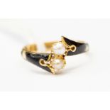 A Victorian mourning ring, 18ct gold black enamel with two seed pearl set to the top, size G1/2,