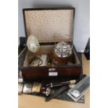 Victorian writing box, 40's tea caddy, pipe, egg, 19th Century and 20th Century coins,