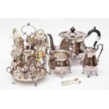 EPNS Cruet set and stand, breakfast set, comprising; teapot, milk, sugar, egg tray,