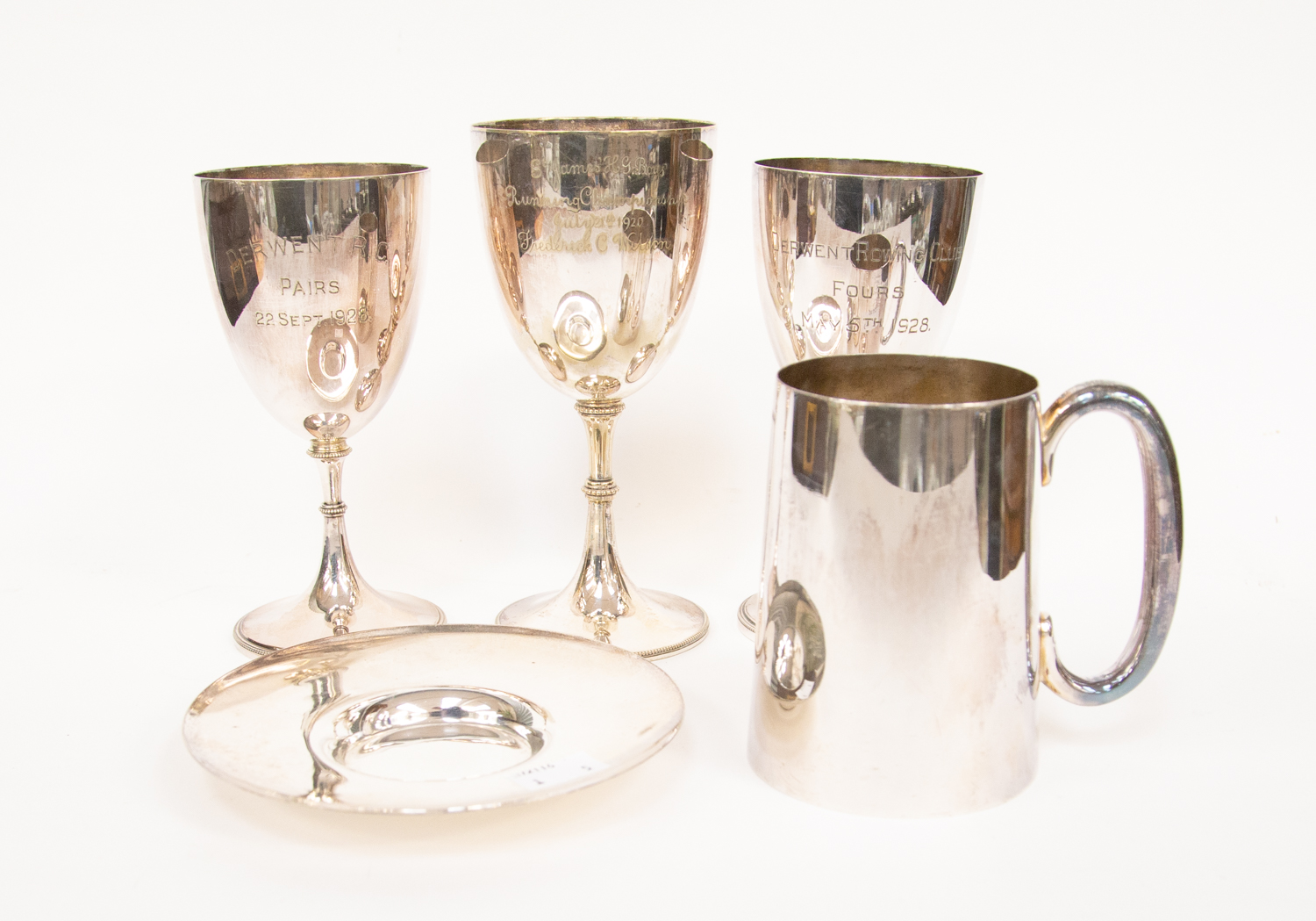 Three plated goblets, a dish and tankard,