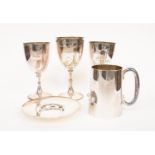 Three plated goblets, a dish and tankard,