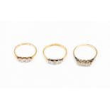 Three diamond and 18ct gold rings, each ring set with three diamonds, sizes K, M1/2 and N,