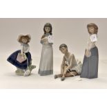 Lladro figure of girl with flowers along with three Nao figures