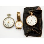 A 9ct gold Waltham open faced pocket watch, white enamel dial, Roman numerals and subsidiary dial,