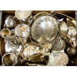 Box of silver plate including a four piece Sheffield tea set; a tureen; 3 section shell dish,