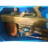 A collection of wood working and agricultural tools, bill hooks, leather case Rabone tape measure,