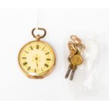 9 k marked ladies open faced fob watch, hand loose inside,