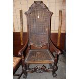 A 19th Century canework open armchair, in the William and Mary style, walnut frame,