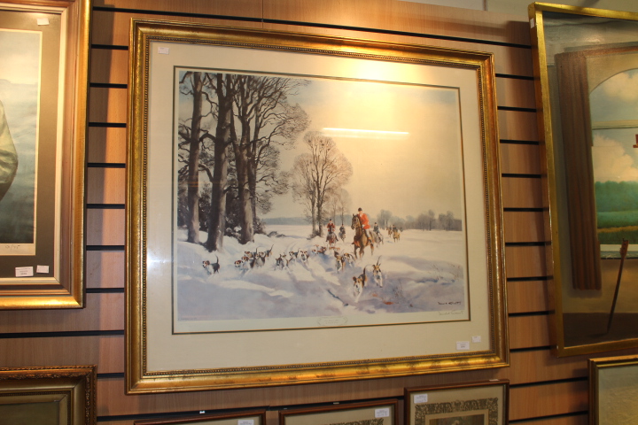 Donald Grant, fox hunting in snowy landscape, signed L.