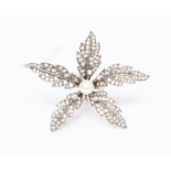 A white spinel set flower brooch with cultured pearl to the centre, spinel set leaves,