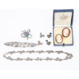 A vintage marcasite jewellery comprising silver and foliate necklace together with a silver and