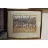 Signed water colour by Julius D of a woody area in lake,