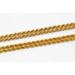 Three 9ct gold rope link chains, length approx 28'', 16'' and 18'',