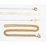 A 9 ct gold hollow rope chain together with a 9 ct gold cross and chain and tiny heart locket and