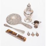 Collection of silver items including Victorian London shaker, hand mirror,