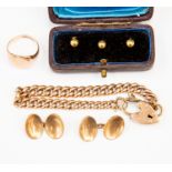 A collection of 9ct gold jewellery including a rose gold curb bracelet with padlock clasp,
