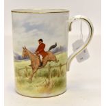 A Royal Crown Derby painted hunting scene tankard, signed F.