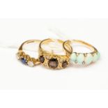 Three 9ct gold dress rings, comprising a Victorian opal and smoky quartz ring, size M1/2,