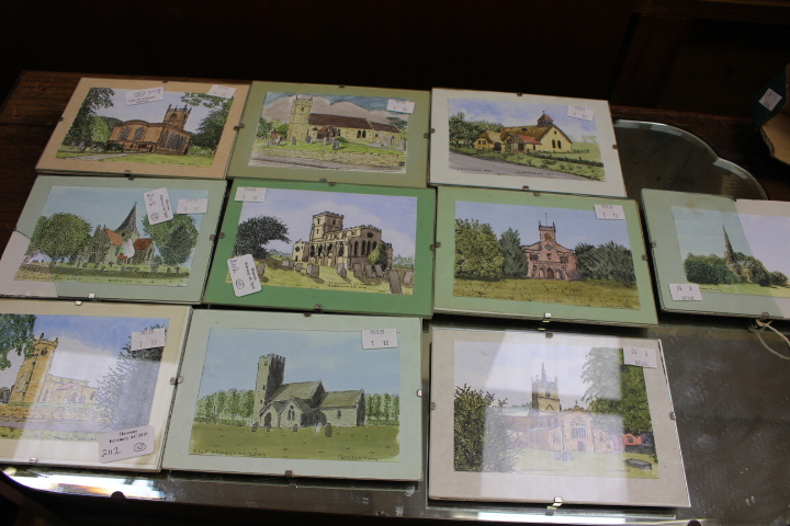 Local interest; hand painted watercolours of Churches in the Derbyshire area,