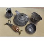 Pewter teaset and brass jug A/F
