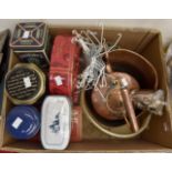 Collection of tins and copper coal scuttle,