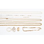 A collection of 9ct gold chains, including pendants and a wedding band,
