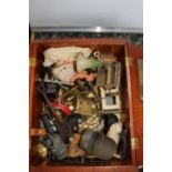 A dolls stained wood wardrobe and a quantity of dolls house metal furniture