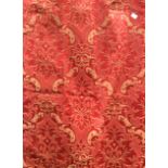 2 Pair of large Gothic red curtains with a gold scrolled design, 63 drop x 52 wide,