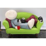 Boxed Doug Hyde sculpture, Limited Edition 088/395, with certificate, man on sofa with two cats,